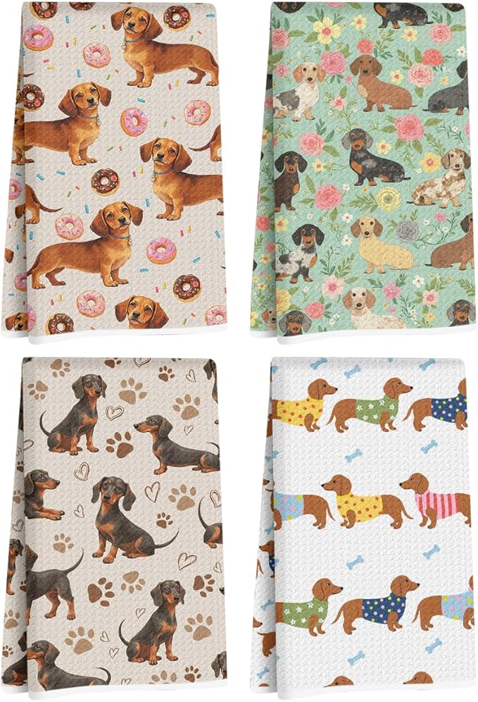 4 Pcs Cute Dachshund Kitchen Towels 24x14 Inch, Dachshund Gifts Reusable Dish Towels for Kitchen Bathroom Decor, Weiner Dog Floral Donuts Hand Cloth Tea Towel, Cute Dog Gifts for Women Mom Friend