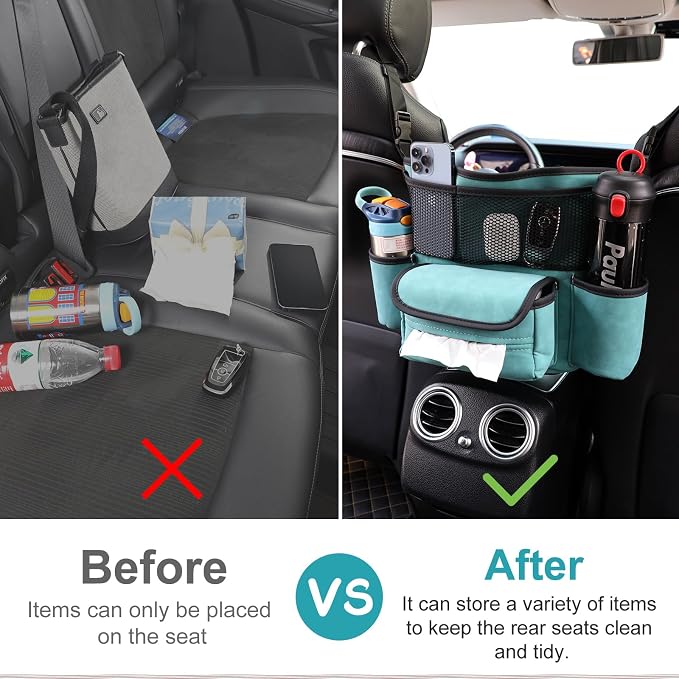 Leather Car Seat Organizer for Handbag/Purse – Fits Between Front Seats, Holds Wallet, Phone & Essentials. (Modle A/Blue)