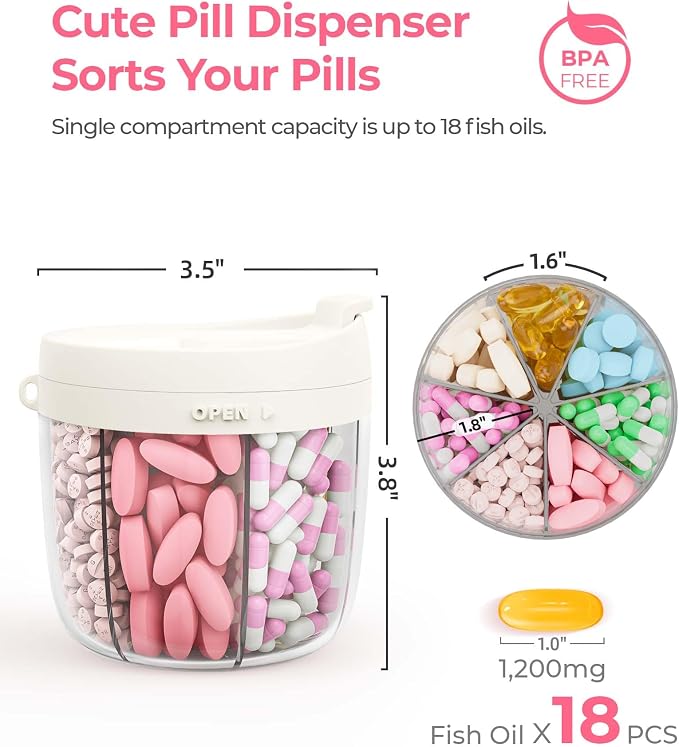 AMOOS Cute Pill Dispenser with Anti-Mix Design, 7-Slot, BPA-Free, Patented | Portable Travel Pill Organizer, Wide Mouth for Easy Access, Pill Bottle Organizer for Vitamins, Fish Oils, Supplements, White