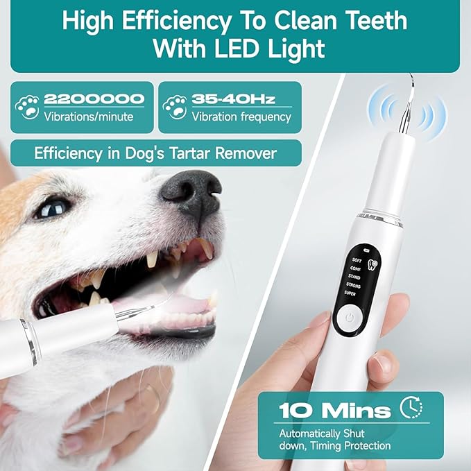 Dog Teeth Cleaning Kit Dog Plaque and Tartar Remover with LED Light 5 Adjustable Modes Electric Toothbrush Pet Teeth Cleaner for Dogs and Cats (Off-White)
