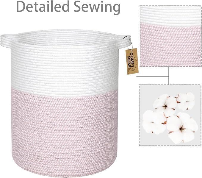 COMFY-HOMI XXL Large Laundry Basket with Handles Blanket Baskets Living Room|Woven Cotton Rope Decorative Basket Laundry Hamper Baby Basket Nursery Dog Toy Storage Organizer Bin-16”x18”-White/Pink