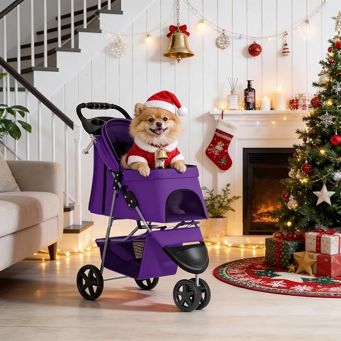 MoNiBloom Pet Stroller for Small/Medium Dogs and Cats up to 33 lbs, Purple | Foldable Dog Stroller 3 Wheels Pet Strolling Cart w/ Storage Basket Cup Holder, Breathable and Visible Mesh for All-Season