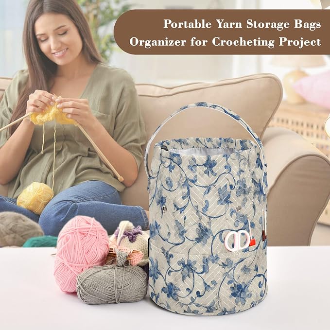 Tatenale Crochet Bag Yarn Bag Knitting Project Bag with Pockets and Handle Portable Yarn Storage Organizer Tangle Free 8.3x11 InchWatercolor Blue and White Flower21