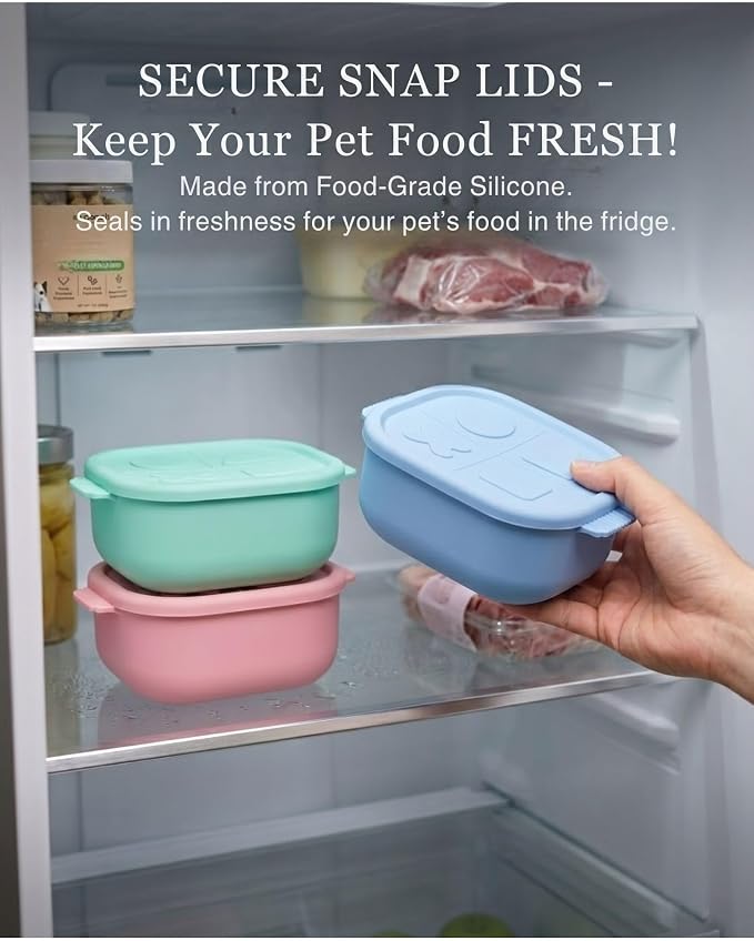 2ME Odor Sealed Silicone Pet Wet Food Containers（3-Pack, 22oz）- Airtight Storage Boxes for Homemade Dog Cat Food & Canned Food Portioning - Freezer Microwave Dishwasher Safe with Stainless Steel Scoop