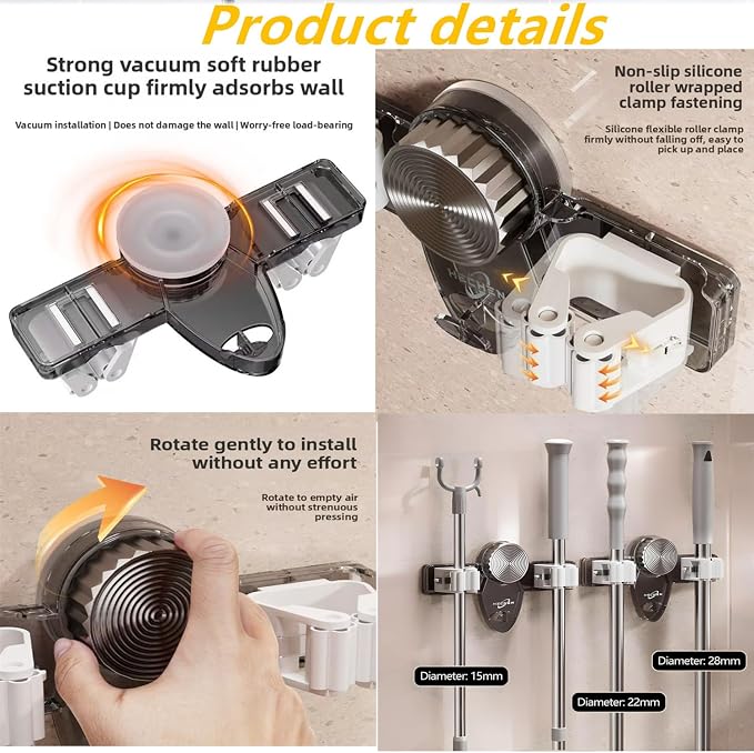 Wall Mount Broom Holder Mop Hanger Organizer - No Drilling PET & Silicone Grip for Bathroom, Kitchen, Laundry Room Storage Rack, Adjustable Angle, Heavy Duty Vacuum Suction (2pcs mixed)