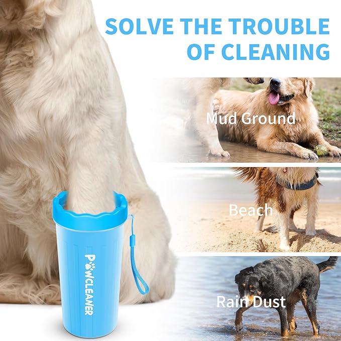 Professional 7 in 1 Dog Paw Cleaner for Dogs & Cats - Includes 1 Portable Paw Washer, 1 Bath Brush, 2 Dog Toothbrushes and 3 Absorbent Towels Note: Fits Paws 2.5 to 3.5 Inches Wide (Large, Blue)