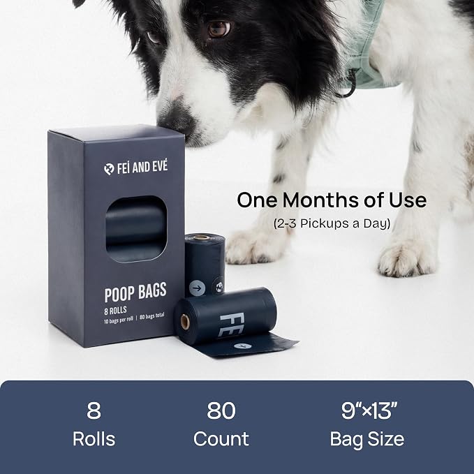 Fei & Eve Dog Poop Bags 8 Rolls, Extra Thick 25 Micron & 100% Leak-Proof | Unscented, Full Blackout & Odor-Locking, Stretch Resistant, Easy to Tear off, Waste Bags