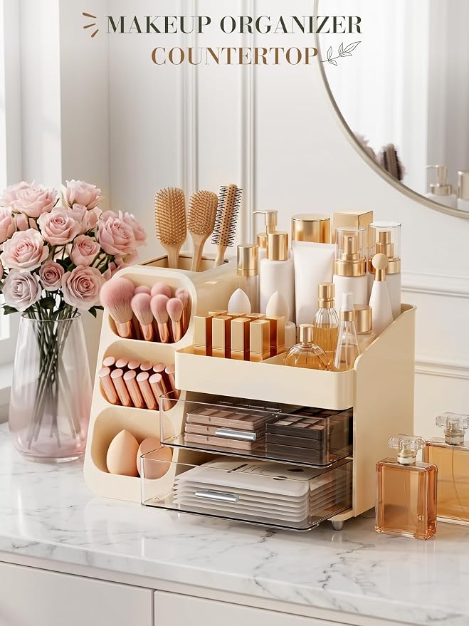 Large Makeup Organizer Countertop for Vanity Skincare Organizers Cream | Acrylic Cosmetic Display Case with Drawers Brush Holder, Dorm Bathroom Counter Organizer for Perfume, Nail Polishes, Lipstick