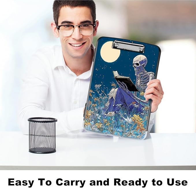 A4 Clipboard with Storage Pen Holder, Clipboards Organizer Nursing Clipboard Foldable File Folder Plastic Clipboard Folio Clip Board for Office Work Classroom Doctor, Book Skull Flower