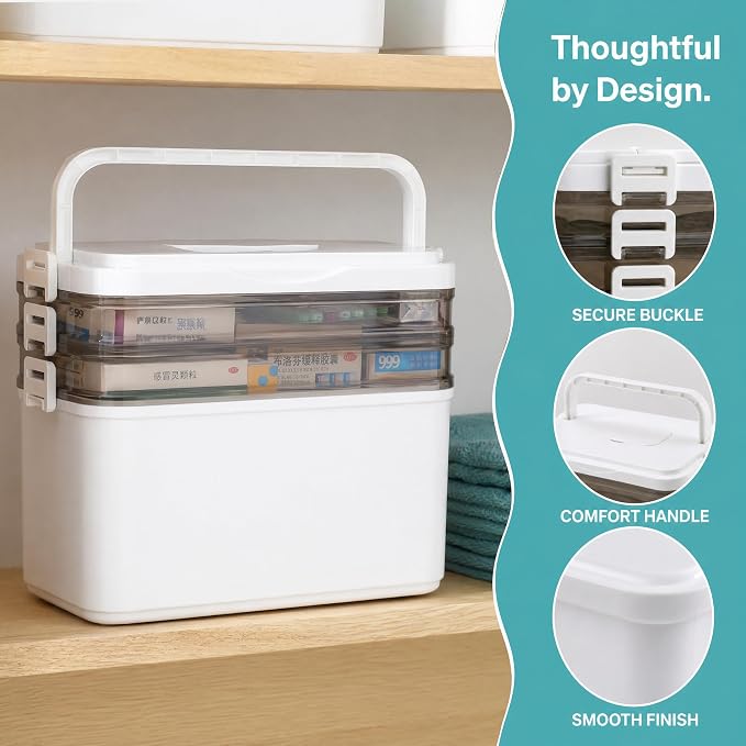 3-Tier Medicine Cabinet Organizer with Handle,Multifunctional First Aid Box | Portable Medical Supply Organizer with Light-Blocking Pill Boxes&300 Pill Labels Medicine,Storage Box for Home