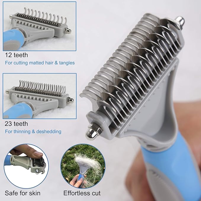 Pet Dematting Comb - 2 Sided Undercoat Rake for Cats & Dogs - Safe Grooming Tool for Easy Mats & Tangles Removing - Medium and Long Haired Cats Dogs Brush for Shedding