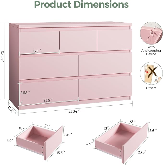 Pink 7 Drawer Dresser for Bedroom,Modern Wood Chest of Drawers,Closet Clothes Storage Organizer with Deep Drawers for Living Room Hallway Entryway,Nursery (15.3" D x 47.2" W x 32.3" H)