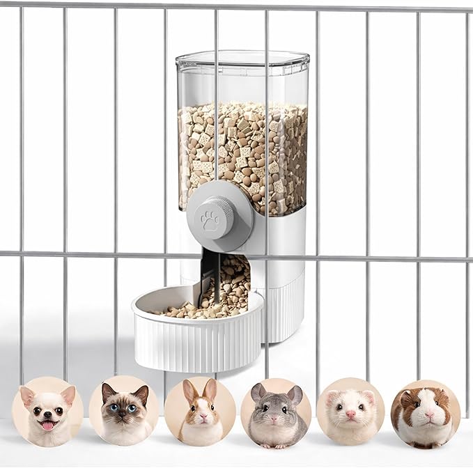 Auto Gravity Food Dispenser for Cage Hanging, 41OZ Capacity Hanging Automatic Pet Cage Feeder, Food Bowl for Cats Dogs Rabbit Ferret Chinchilla Bird Hedgehog Guinea Pig (White)