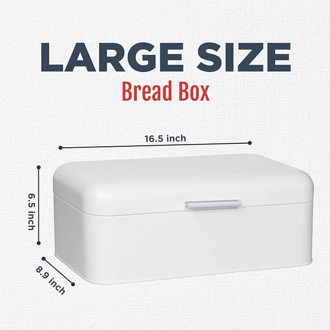 Extra Large White Bread Box for Kitchen Countertop 16" x 9" Holds 2 Loaves | Stainless Steel Vintage Bread Boxes for Kitchen Counters