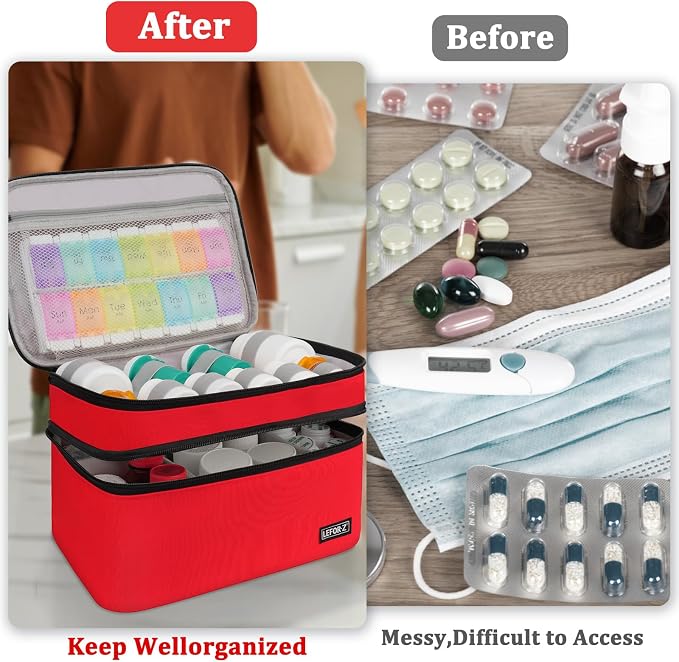 LEFOR·Z Medicine Storage Bag,Double Layers Pill Bottle Organizer Bag Empty | Medical Supplies Bag with Lockable Zipper & Adjustable Divider,Medication Travel Carrying Bag for Pills,Vitamins,Red