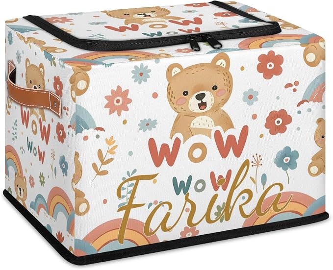 Custom Cute Bear Storage-Bin With Zipper Lid for Kids-Girls-Boys-Baby-Pet,Personalized Name Foldable Storage Box with Handle,Baby Basket With Label for Bedroom Nursery Toy Clothes,White