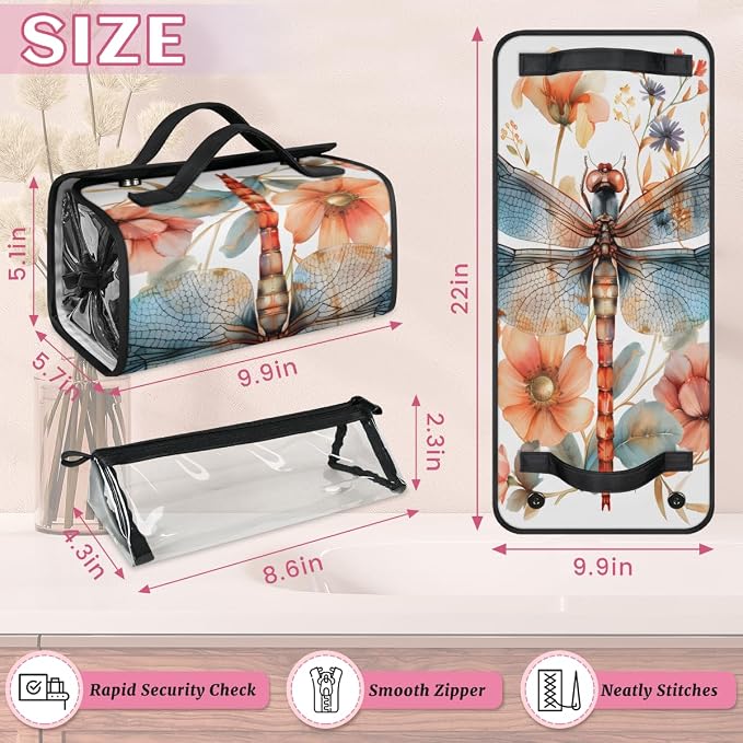 Flower Dragonfly Makeup Bag for Women Hanging Roll-Up Travel Organizer Toiletry Kit with 4 Removable Compartments, Floral Dragonflies