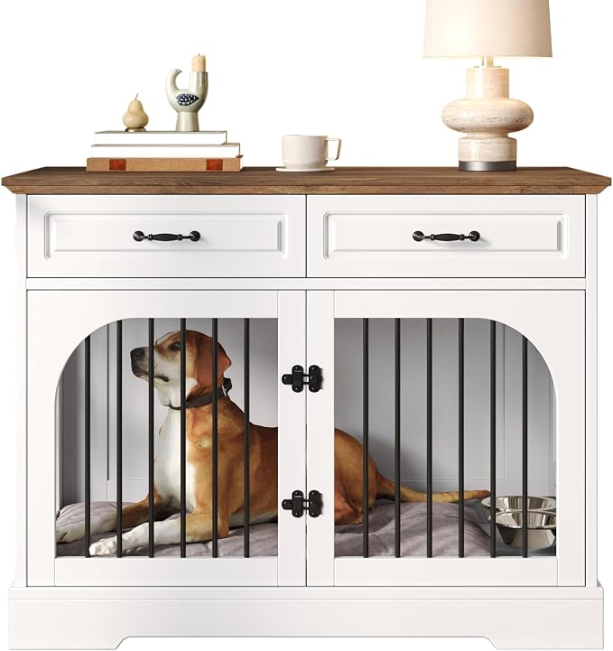 Merax 43.3" Farmhouse Dog Crate Furniture with Rotating Bowls & Drawers – Wooden Indoor Pet Kennel Side Table with Metal Bars – Stylish Dog House for Medium to Large Breeds, White & Brown