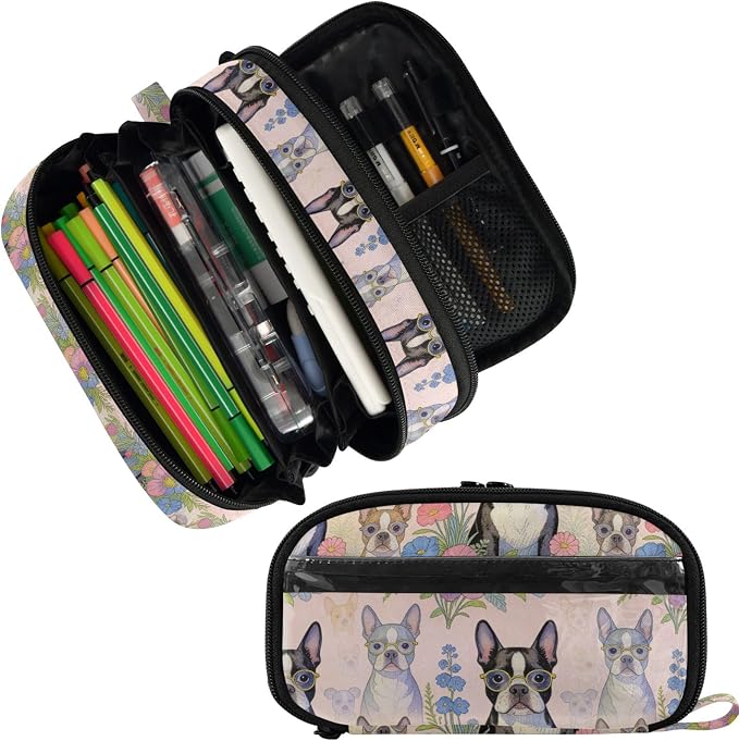 JUNZAN PVC Pencil Bag Boston Terrier Cute Dog Pet | Tear Resistant Elastic Pen Slots Office Organizer Multi-compartment