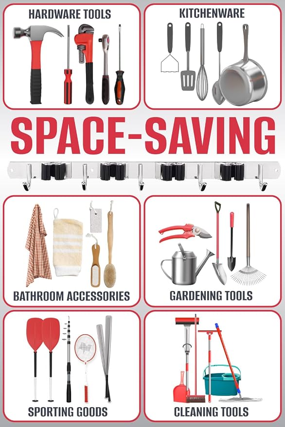 Mop and Broom Holder - Clear Cleaning Clutter and Reclaim Your Space | 5 Racks + 4 Hooks - Rust-Resistant Wall Organizer Holds Cleaning and Garden Tools Securely in Garages and Kitchens