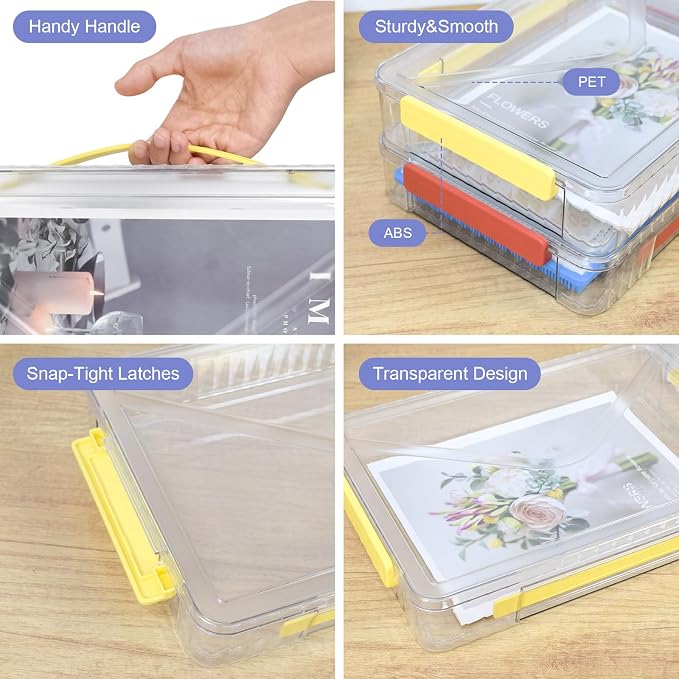 Marte Vanci Plastic Storage Bin with Lid Portable Project Case with Handle Clear Storage Box Transparent File Document Protector Stackable Container for A4 Letter Paper Photo Crafts Scrapbook
