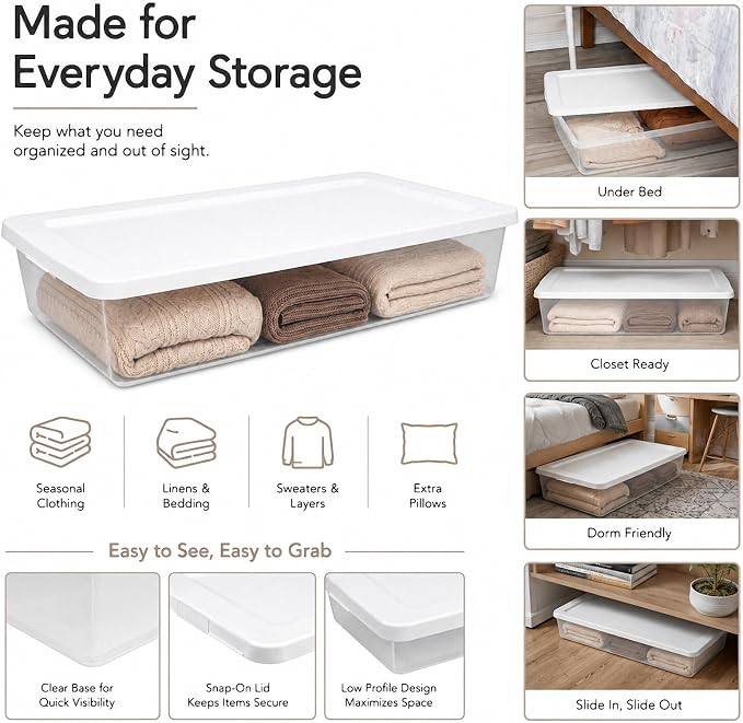 41 Quart Medium Storage Bin, Clear Plastic Underbed Storage (1-Pack) | Clear Body For Visibility, Low Profile Design, Container with Snap-On Lid, , Stackable, Underbed Fit, White