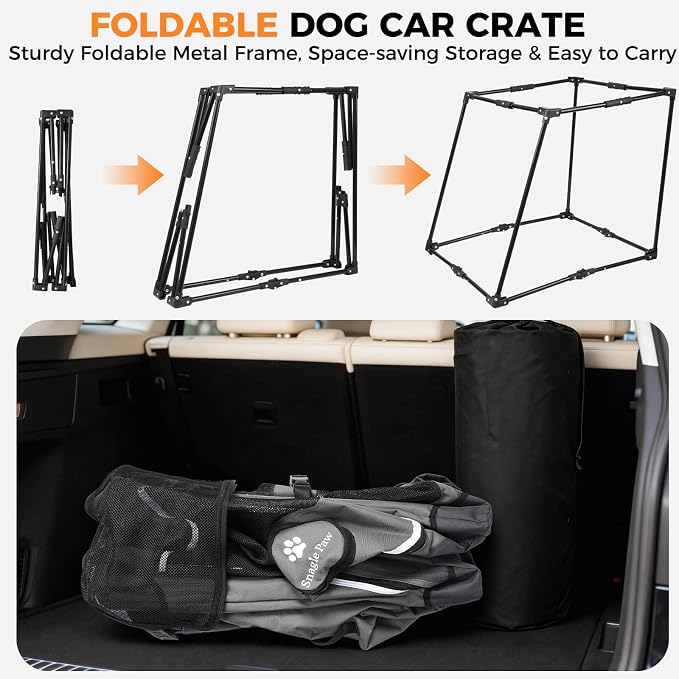 Snagle Paw Dog Car Crate for Back Seat, Portable, Medium, Gray | 3-point seat securement, breathable mesh, feeding windows, folds flat, for road trips, camping and vet visits