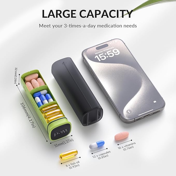 KOVIUU Weekly Pill Organizer 3X a Day, Large Daily 7-Day Pill Box, Black | Detachable Pill Case with 3 Compartments | Travel Pill Container Holder for Vitamins, Supplements, Medications | BPA-Free