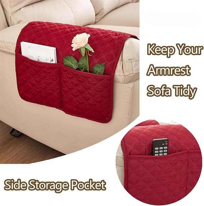 Recliner Arm Covers with Pockets & Headrest Protector- Non-Slip Quilted Stretch Armrest Covers, Washable Sofa Armchair Organizer for Couch, Pet Scratch Resistant(Coffee)