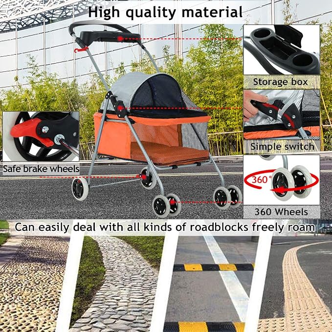 4 Wheels Pet Stroller Cat Dog Cage Stroller Protable Travel Folding Carrier Cart Waterproof Buggy Doggie Dog Stroller Jogger with Cup Holders for Small-Medium Dogs, Cat Orange