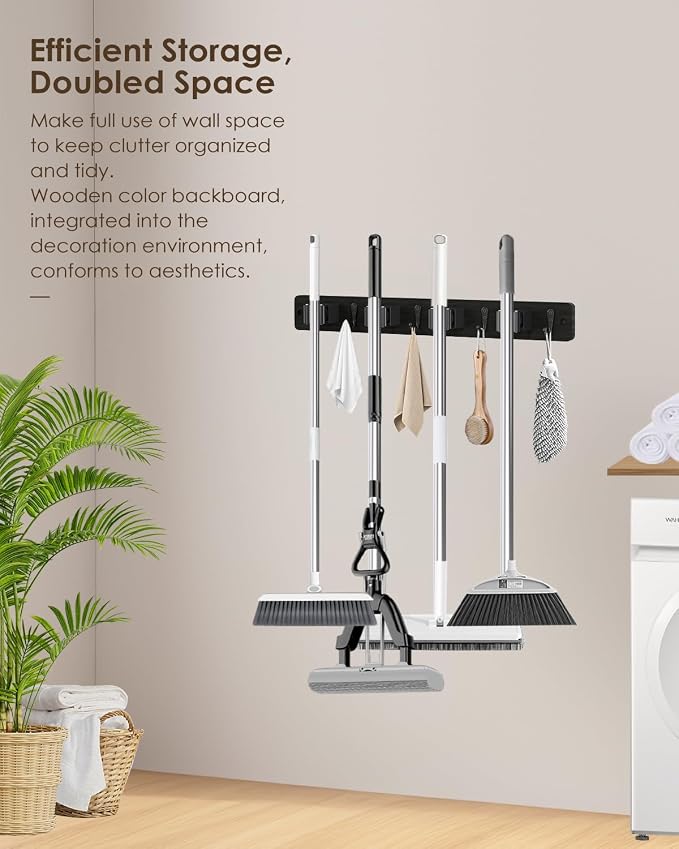 AceMining Black Broom Holder Wall Mount, 4 Holders 4 Hooks Mop Holder | Mop Holder Wall Mount and Broom Hanger for Garage, Laundry Room, Kitchen and Utility Storage