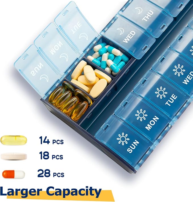 Mossime XL Pill Organizer 2 Times a Day, 7 Day Am Pm Pill Box | Hinged Lids, Am Pm, Big Pill Container 7 Day, Medication Organizer Twice a Day, For Supplement