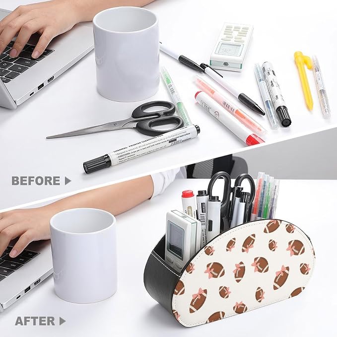 TV Remote Control Organizer Pink Bow Football White 5 Compartment Caddy Box | Pink Bow Football White, PU Leather Desk Storage Bag Fits Controller, Makeup Brushes, Media Player, Office Supplies