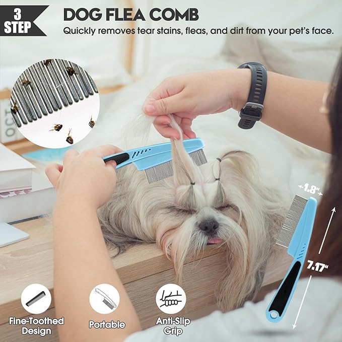 Bonteck Dog Slicker Brush for Dogs Grooming Kit 4PCS | Large Dog Brush for Goldendoodles Poodles Doodles | Long Pin Haired Brush | Poodle Brushes and Comb (Blue)