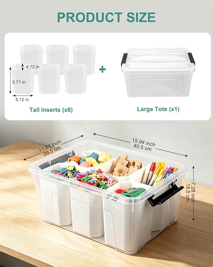 AREYZIN 17QT Clear Storage Bins with Lids & Dividers for Crafts | Stackable 17-quart transparent box featuring 6 tall removable inserts. Perfect for organizing crafts, tools, toys & crayons