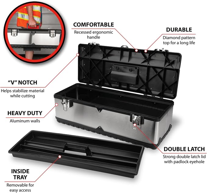 Performance Tool W54026 26 in. Steel Tool Box with Removable Tote | Heavy duty steel storage box and organizer. Recessed ergonomic comfort handle. Strong double latch with padlock eyehole