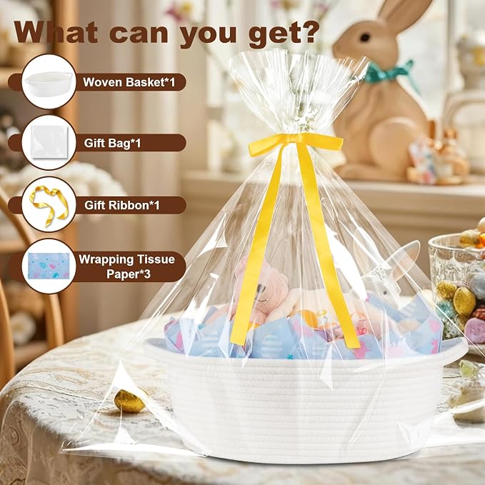 OIAHOMY Gift Basket with Handle, 13.4"x 10"x 5.5" Easter Basket with Gift Bag, Ribbon and Wrap Tissue Paper, Nursery Bins Empty to Fill with Towels, Baby, Pet Toy Organizer - Easter White