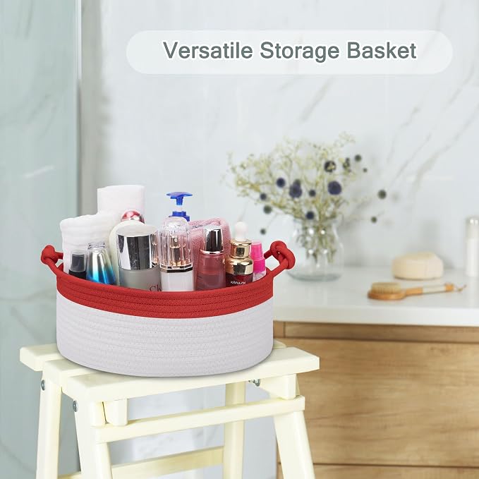 COMSE Small Gift Basket Empty with Bag & Ribbons, Red & White | Cotton Rope, 12"x 8"x 5", Pet Toy Storage Organizer, Woven Basket for Birthdays, Baby Showers, Mother’s Day, Valentine’s Day
