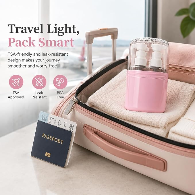 2-in-1 Travel Dispenser with 2 x 100 mL Bottles, Pink | 2 refillable 100 mL bottles, pump , included label stickers, compact design for toiletries, travel, gym