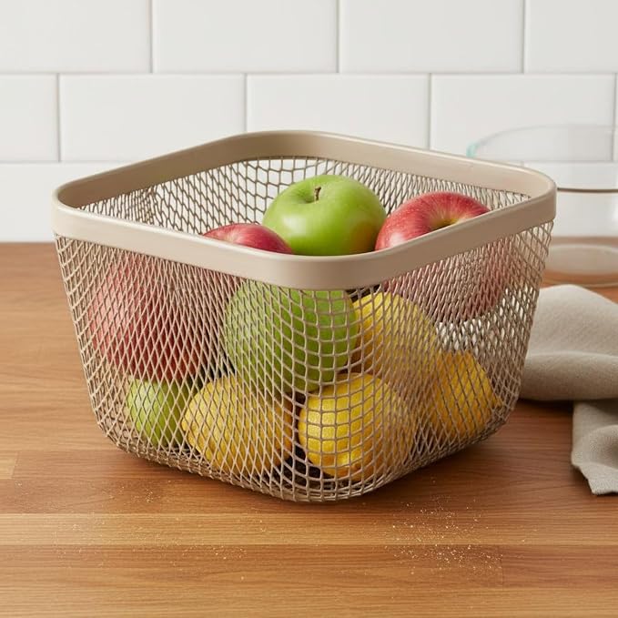 Metal Storage Basket Wire Organizer Bin Mesh Container Holder Ventilated Iron Construction With Smooth Surface For Pet Supplies Grooming Items In, Brown, Square