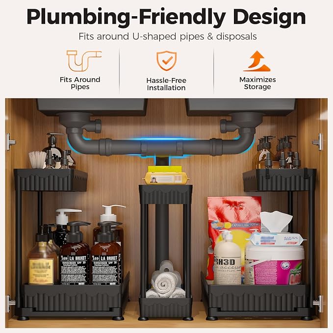 3-Pack 2-Tier L-Shaped Under Sink Organizers with Sliding Drawers | Multi-use kitchen & bathroom storage, 14.85 inch black cabinet organizer, space-saving sliding drawer design.