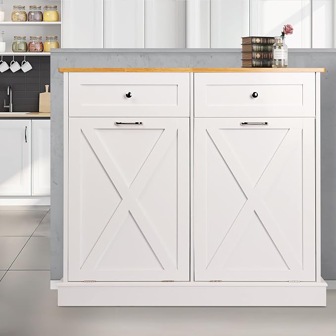 TOLEAD Double Tilt Out Trash Can Cabinet 2 x 10 Gallon Wooden Hidden Trash Cabinet with Barn Door & Solid Wood Top, Farmhouse Kitchen Garbage Bin Enclosure, Pet Proof Odor Blocking for Kitchen, White