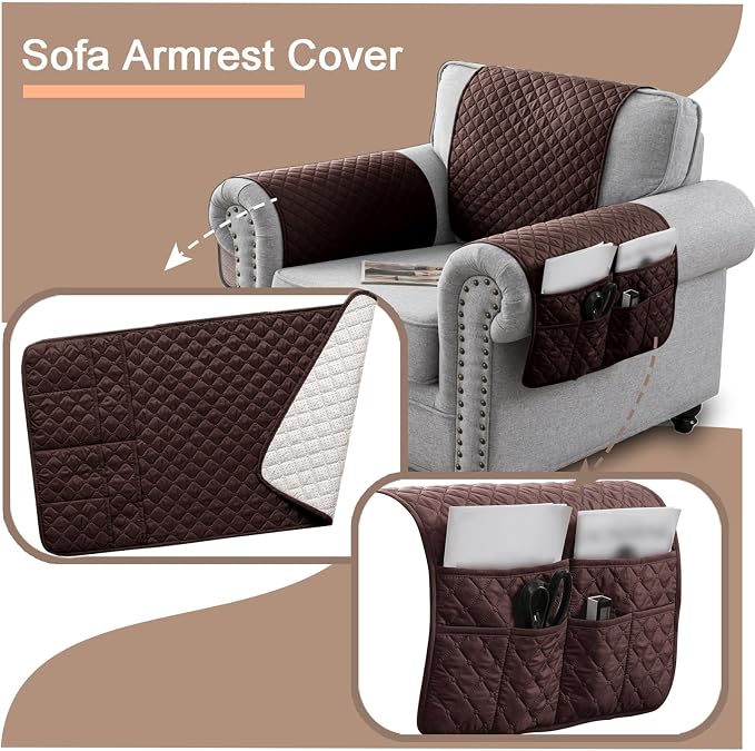 Water-Resistant Sofa Armrest and Headrest Covers with Side Pocket | Keep remotes close quilted polyester helps guard against wear, pet scratches, and kids' messes silicone backing adds grip