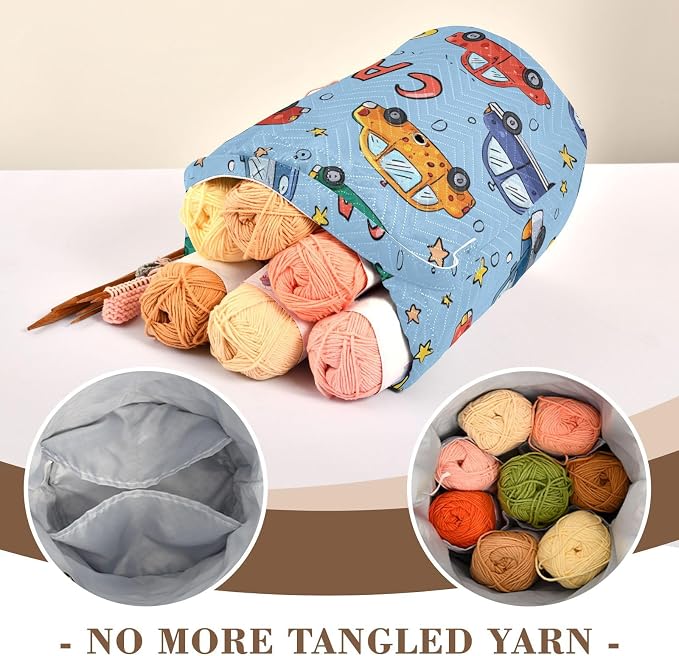 Tatenale Crochet Bag Yarn Bag Knitting Project Bag with Pockets and Handle Portable Yarn Storage Organizer Tangle Free 8.3x11 InchLight Blue Cars and Stars32