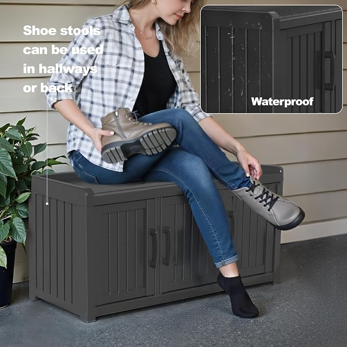 ROJIK Shoe Cabinet Waterproof UV-Resistant,Storage Bench Indoor Outdoor with Adjustable Shelves,for Entryway Bedroom,Hallway,Living Room(3 Door, Black)