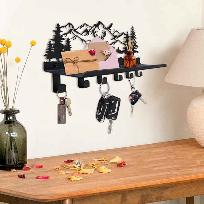 Deer Metal Key and Mail Holder for Wall, Key Holder Wall Mount with Shelf, Key Rack, Key Hooks for Living Room, Hallway, Office