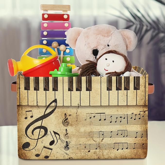 AUUXVA Vintage Storage Baskets Music Note Storage Bins Piano Key Storage Cube Box Collapsible Canvas Book Basket Organizer Bin with Handles for Shelf Closet Bedroom Home Office, 2 Pcs
