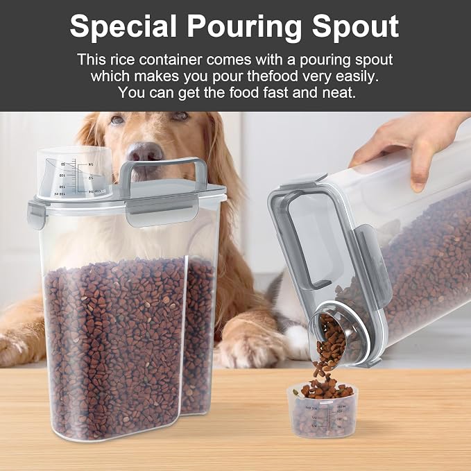 LEAWALK 5-7Lbs/6Qt Dog Cat Storage Container Portable with Upgraded Large Spout and Cup, Plastic Pet Food Dispenser for Small Animal Kibble, Bird Seed, Oatmeal, Rice, Flour, Brown Sugart- Clear Gray