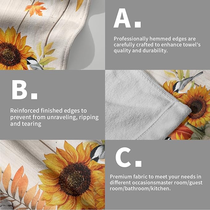 Giwawa 2PCs Fall Autumn Towel- Orange Green Pumpkin Sunflowers Birds Wood Board Hand Face Towels- Thanksgiving Harvest Leaf Soft Microfiber Dish Towel for Bathroom Guest Season Hotel Gym Decor