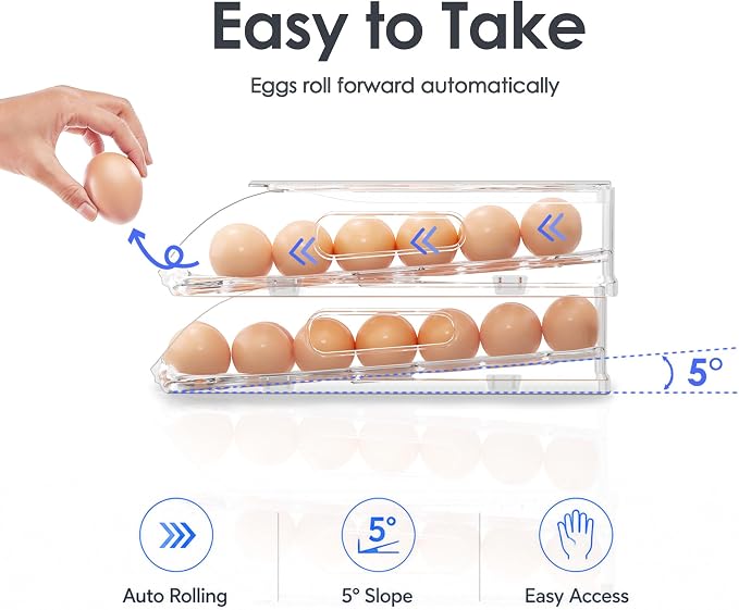 SMRCAD 24-Egg Dispenser with Silicone Bumpers, Auto-Rolling, Stackable | BPA-free food-grade PET | Stackable with lid | Built-in handle | Fits Large to Jumbo Eggs | Hand wash only